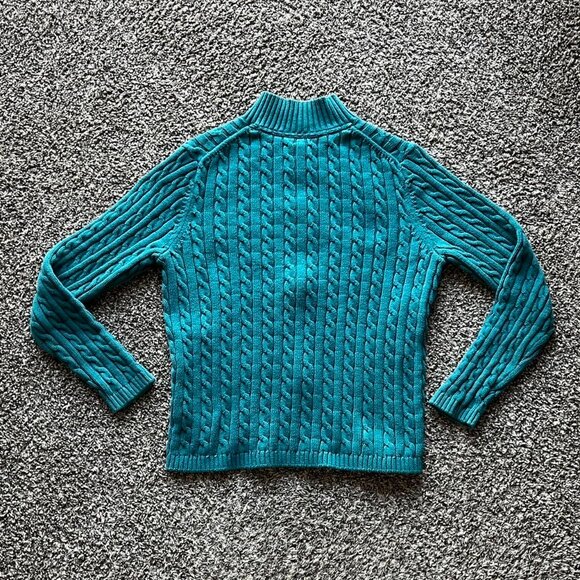 LL Bean Cable Knit Sweater Womens Large Teal 100% Cotton Cable Knit Full Zip - Picture 3 of 7